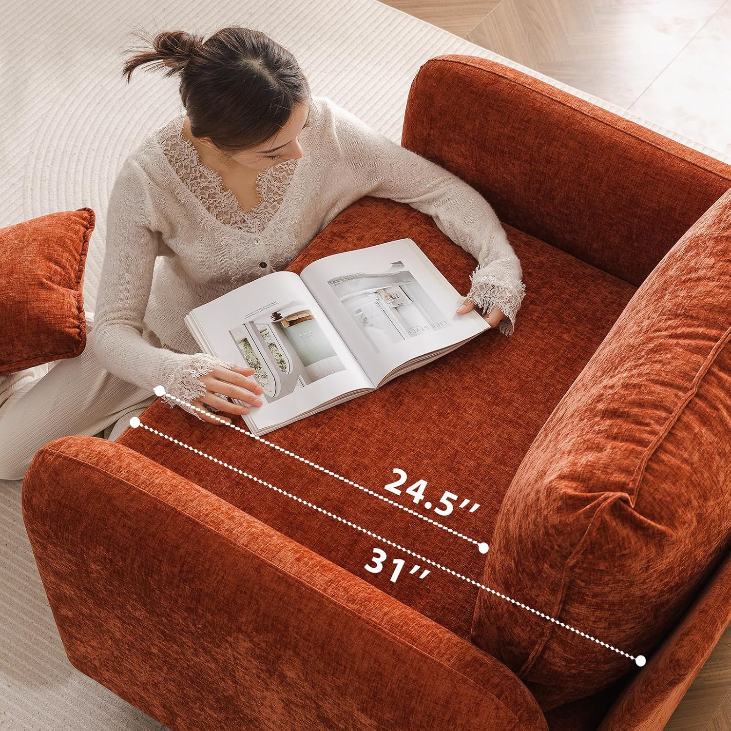 Rexulqo Oversized Accent Chair with All Seats Storage,Comfy Living Room Chairs with 2 Throw Pillow,Upholstered Mid-Century Armchair,24.5'' Deep Seat,Reading Chair for Bedroom,Office,Chenille,Orange — 1*Chair / Orange-red (2)