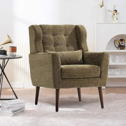 Accent Chair, Comfy Upholstered Living Room Chairs with High Tufted Backrest and Pillow, Wingback Reading Chair with Solid Wood Legs for Bedroom/Office,Teddy Fabric, Light Green — Set of 1 / Olive Green