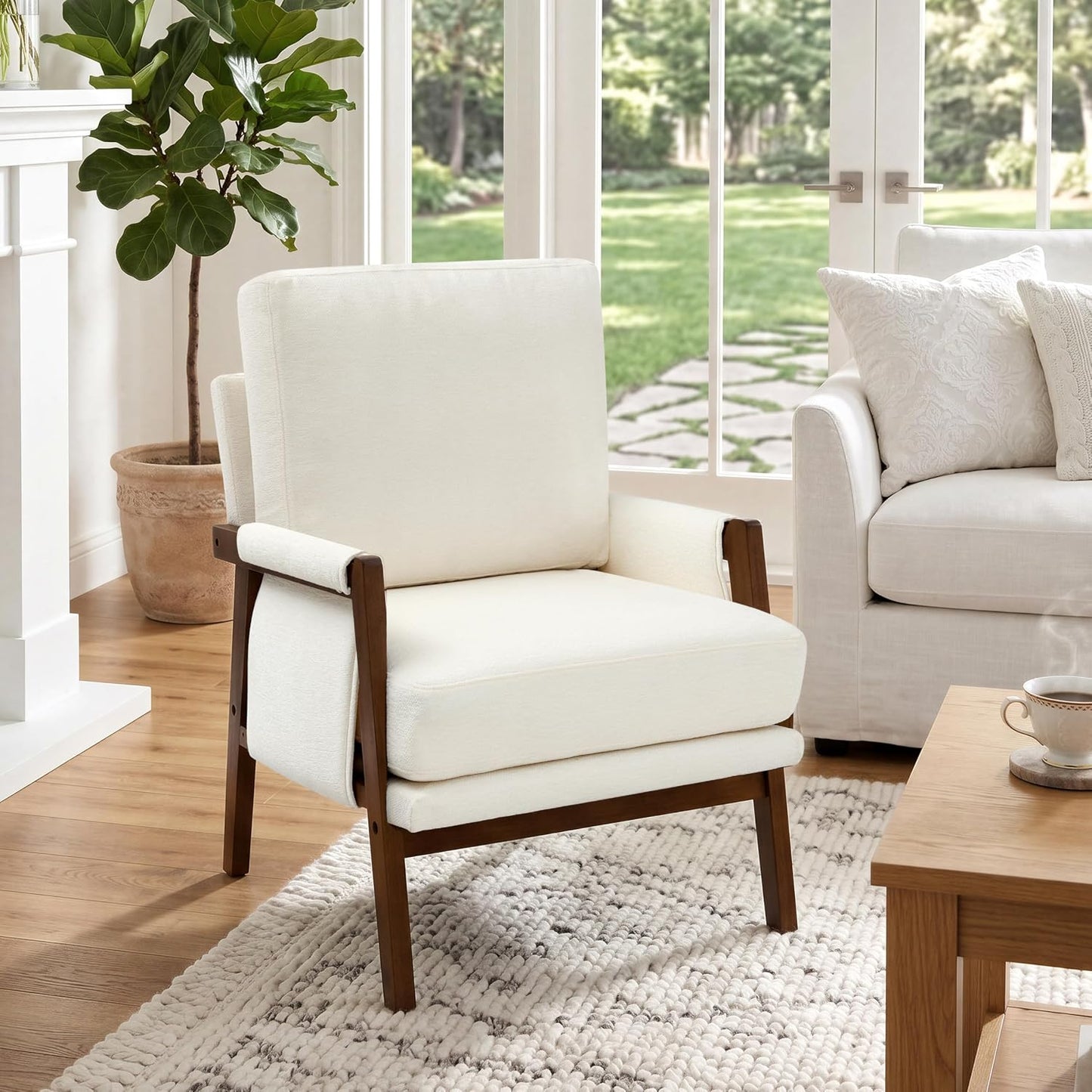 RNKSFX Cream Accent Chair for Bedroom & Living Room, Mid Century Modern Accent Arm Chair, Upholstered Anthropologie Accent Chair with Solid Wood Frame, Fabric — 1 / Cream White