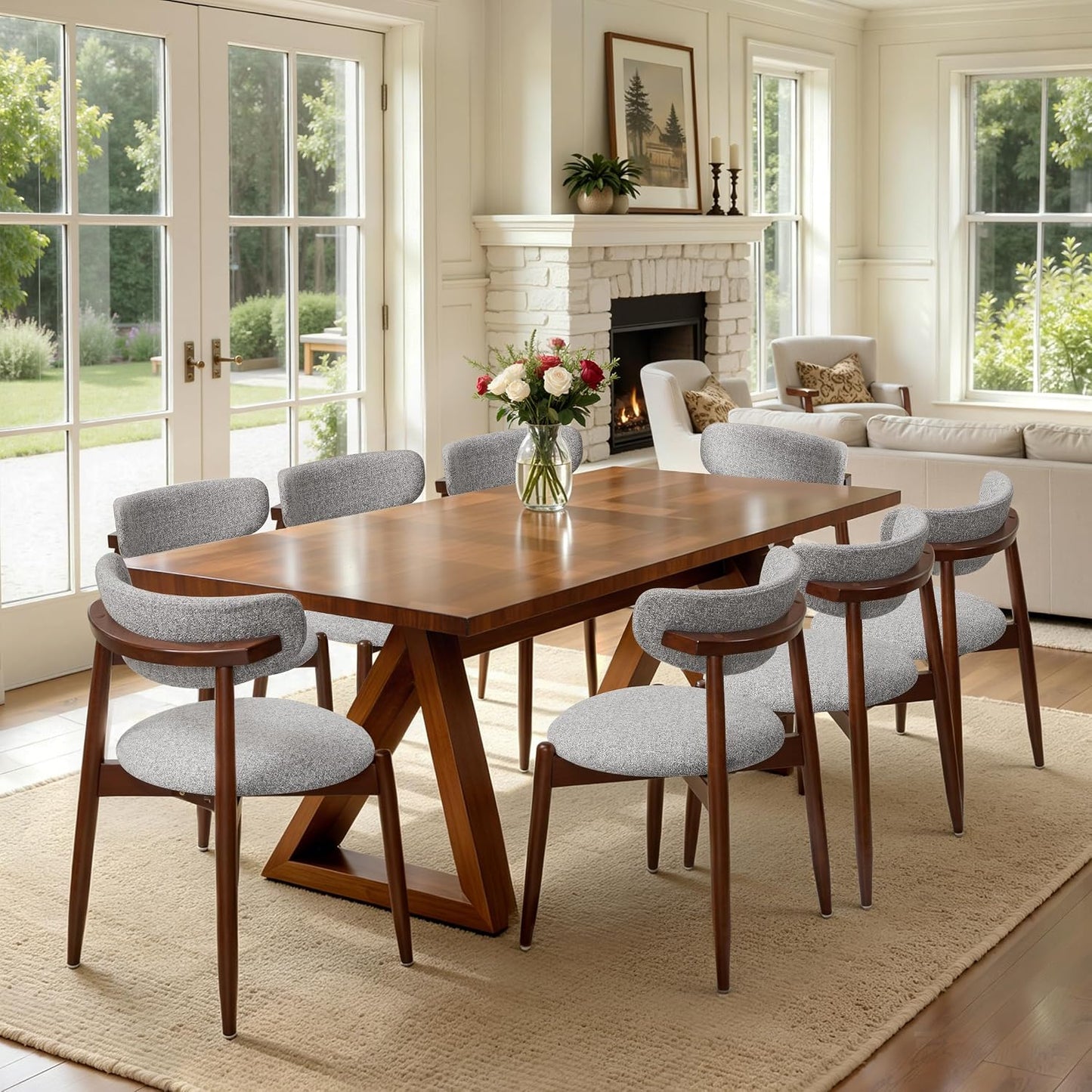 CHUN YI Dining Chairs Set of 4, Upholstered Wooden Dining Room Chairs, Mid Century Modern Fabric Kitchen Chair with Ergonomic Curved Backrest, Beige (Only Chairs) — Round-gray / Set of 8