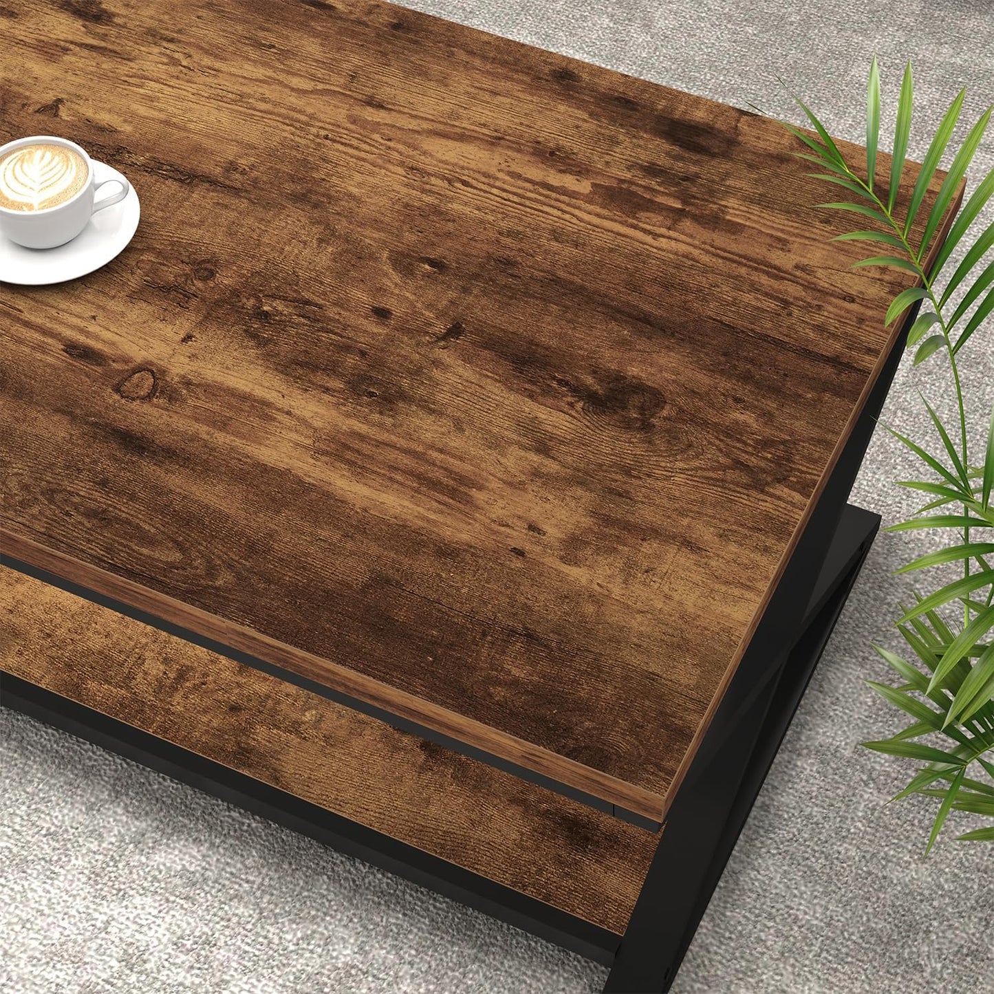 HSH Wood Coffee Table with Storage, Farmhouse Rustic Brown Coffee Table for Living Room, Modern Minimalist 2 Tier Center Table, Simple Rectangle Cocktail Tea Table in Home Office Bedroom, 39 Inch — 39 Inch / Rustic Brown (5)