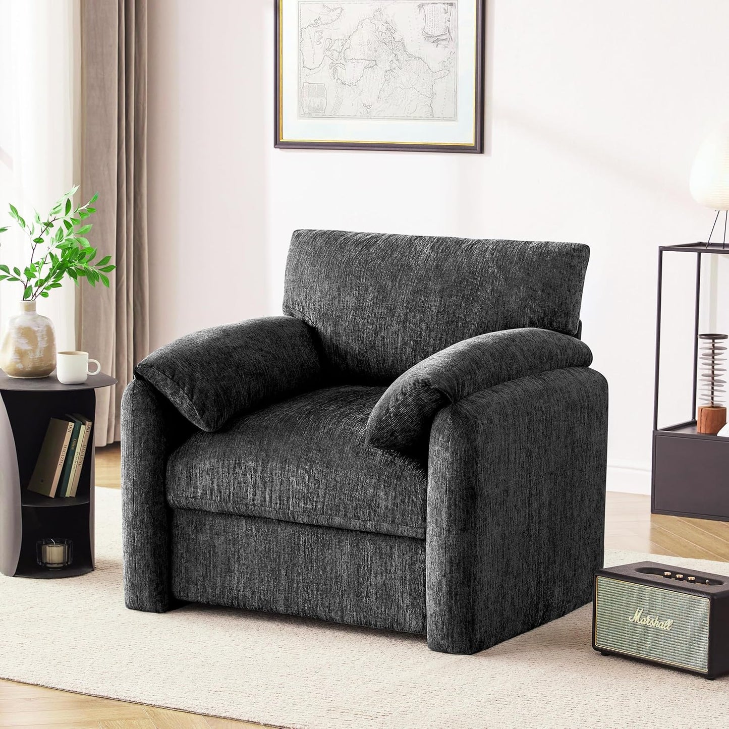 Howjoe Chenille Oversized Armchair, 38.6" Wide Accent Chairs for Living Room & Bedroom Modern Lounge Chair, Upholstered Mid-Century Reading Chair, Comfy Living Room Chair, Single Sofa Chair, Beige — Darkgray / 1 Pack