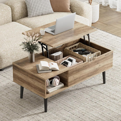 Wood Lift Top Coffee Table with Hidden Storage Compartment & Open Shelf, Multi-Functional Wooden Tabletop Dining Table for Living Room, Home Small Space — Wood Grey / 39 Inches