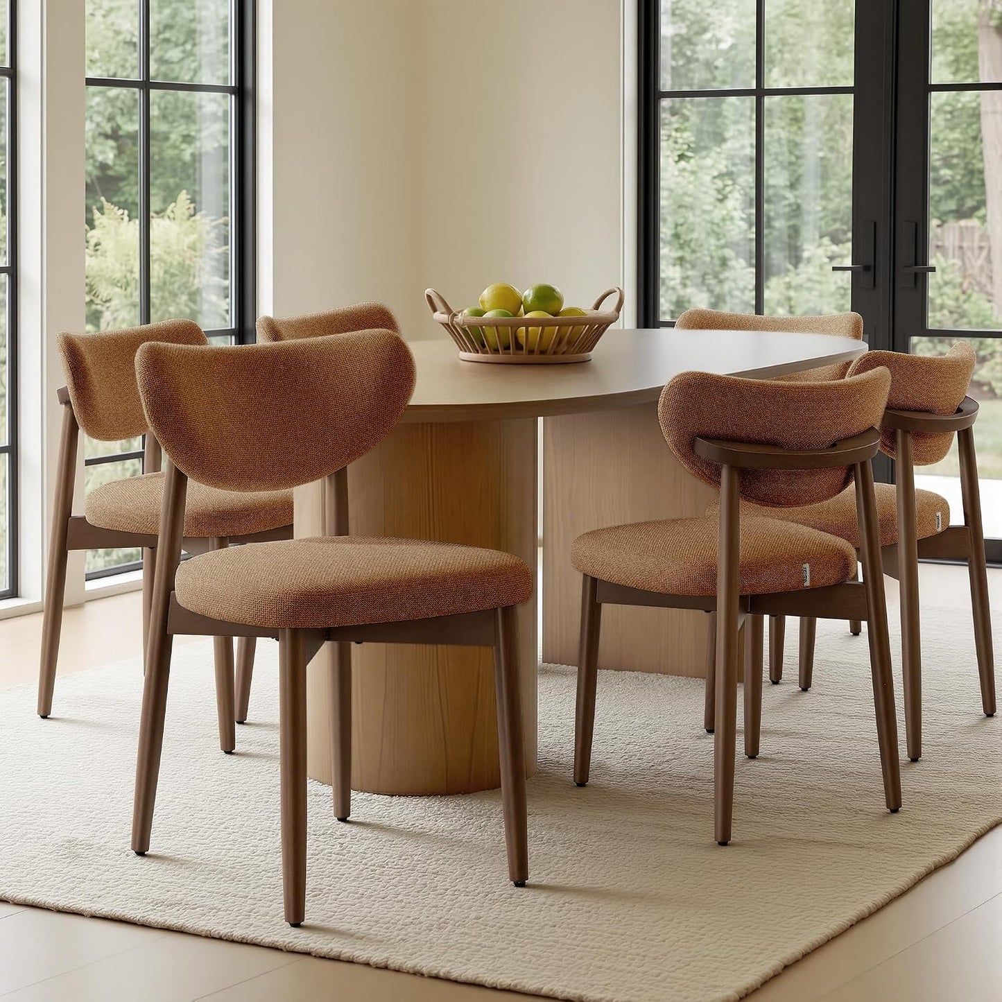 VASAGLE Wooden Dining Chairs Set of 2, Upholstered Kitchen Chairs with Solid Wood Legs, Ergonomic Curved Backrest, Built-in Handle, Mid Century Modern, for Kitchen Dining Vanity, Sage Green — Caramel Brown / Set of 6