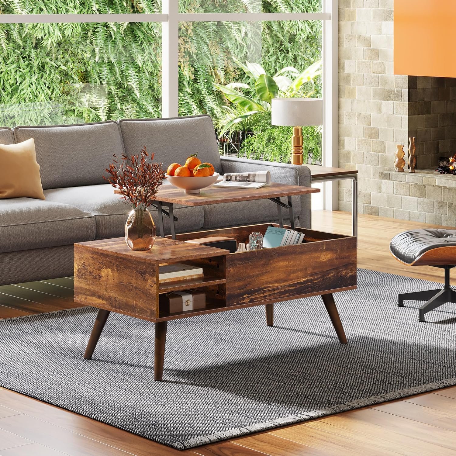 WLIVE Coffee Table with Lifting Top, Hidden Storage & Adjustable Shelf for Living Room Small Space, Multifunctional Rising Wooden Center Table, Mid Century Modern Tables for Home Dining Office, Brown — Rustic Brown / 39.4"W x 19.7"D x 16.9"H (2)