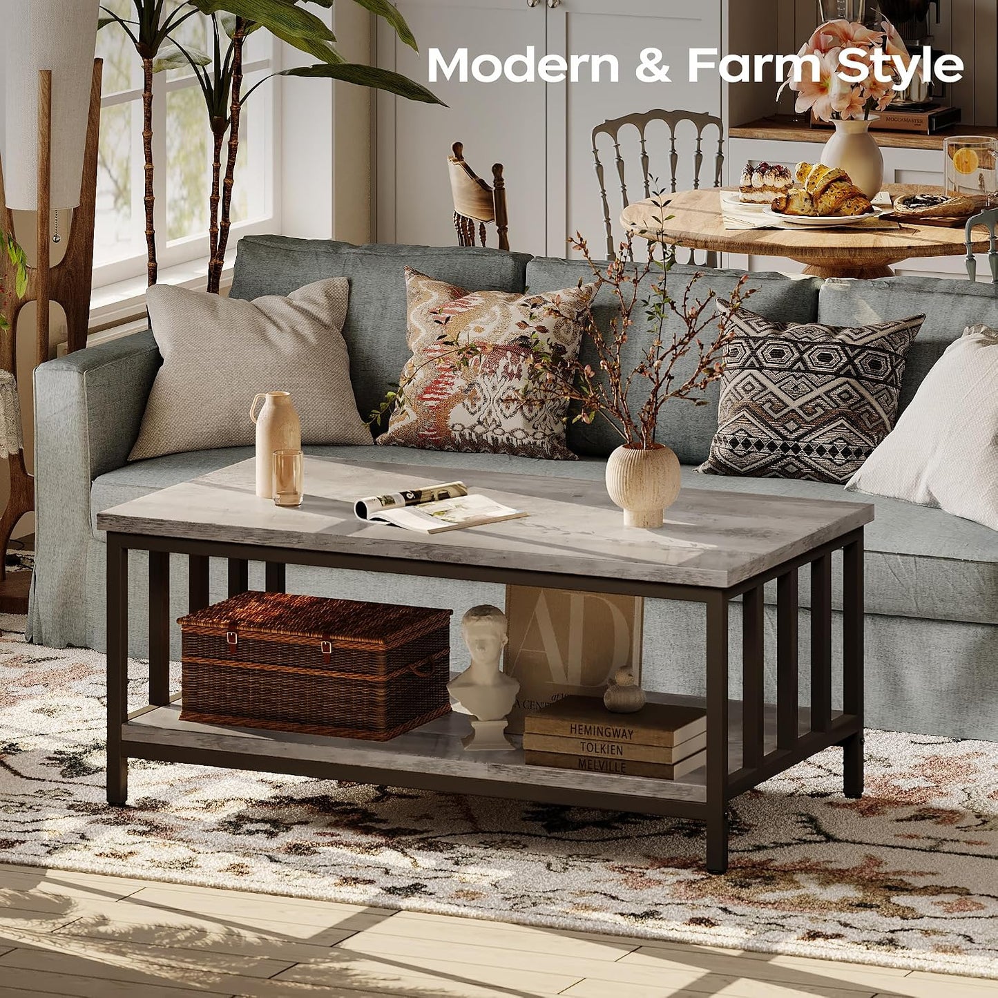 Homeiju Coffee Table for Living Room with Slatted Sides Frame, Modern Farmhouse Living Room Table with 2-Tier Storage Shelf for Home Office, Apartment, Grey Wash, 39 inch — 39.4L*21.6W*18.1H / Grey Wash (4)
