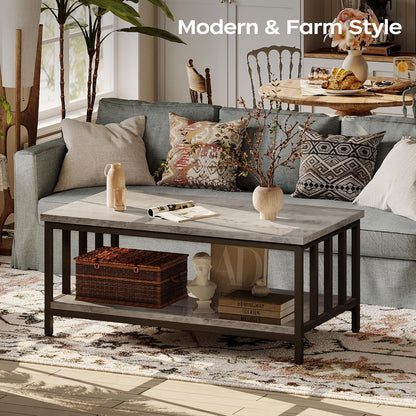 Homeiju Coffee Table for Living Room with Slatted Sides Frame, Modern Farmhouse Living Room Table with 2-Tier Storage Shelf for Home Office, Apartment, Grey Wash, 39 inch — 39.4L*21.6W*18.1H / Grey Wash (4)