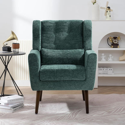 Accent Chair, Comfy Upholstered Living Room Chairs with High Tufted Backrest and Pillow, Wingback Reading Chair with Solid Wood Legs for Bedroom/Office,Teddy Fabric, Light Green — Set of 1 / Blackish Green