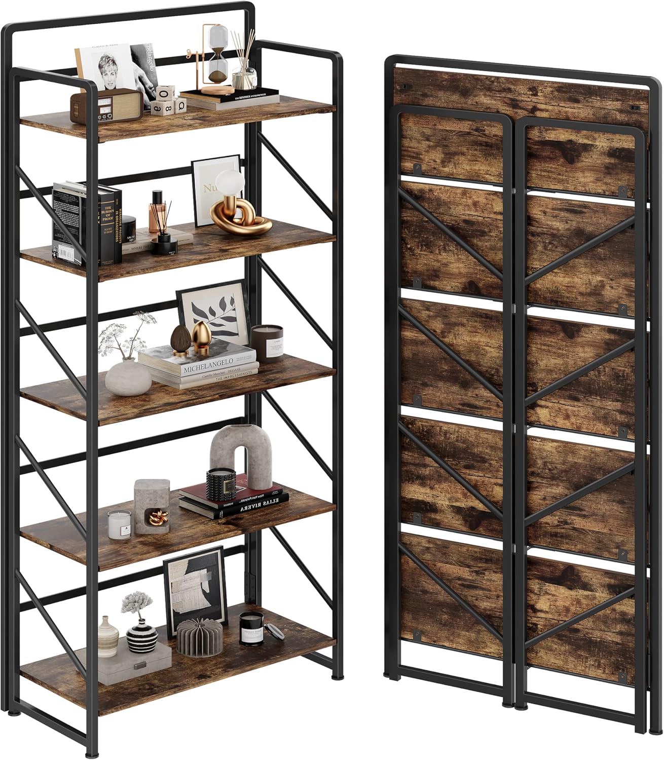 JSB No Assembly Folding Bookshelf, 4 Tier Industrial Metal Book Shelf for Storage, Vintage Wood Foldable Bookcase for Living Room, Bedroom, Office Organization Shelves