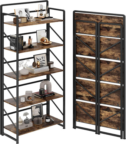 JSB No Assembly Folding Bookshelf, 4 Tier Industrial Metal Book Shelf for Storage, Vintage Wood Foldable Bookcase for Living Room, Bedroom, Office Organization Shelves