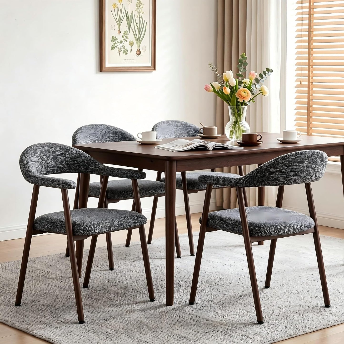 DUMOS Dining Chairs Set of 4, Linen Fabric Upholstered Kitchen Side Chairs with Curved Backrest & Metal Legs, Modern Farmhouse Accent Chair for Dining Room Kitchen Living Room Cafe, Beige — Grey / 4pc