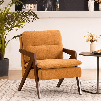Mid-Century Modern Accent Chair with Solid Wood Frame，Upholstered Chenille Living Room Arm Chairs with Pillow for Bedroom, Living Room, Balcony, Reading Room, Green — 1 / Chenille Yellow