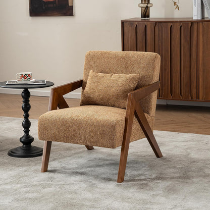 Mid-Century Modern Accent Chair with Solid Wood Frame，Upholstered Chenille Living Room Arm Chairs with Pillow for Bedroom, Living Room, Balcony, Reading Room, Green