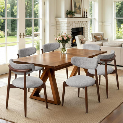 CHUN YI Dining Chairs Set of 4, Upholstered Wooden Dining Room Chairs, Mid Century Modern Fabric Kitchen Chair with Ergonomic Curved Backrest, Beige (Only Chairs) — Round-gray / Set of 6