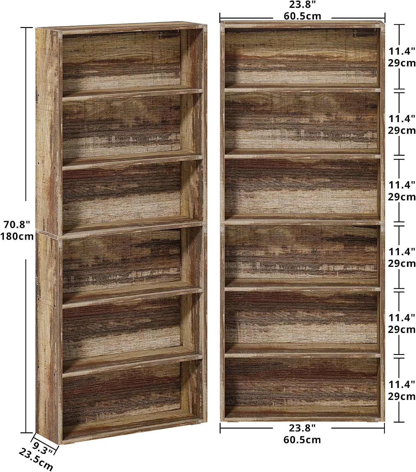 IRONCK Bookshelf and Bookcases 70" Tall, 6 Tiers Display Storage Shelves | Bookshelves Set of 2, Wood Bookcase with Open Display Shelves for Home Office, Living Room, Library, Industrial Brown — Industrial Brown (3)