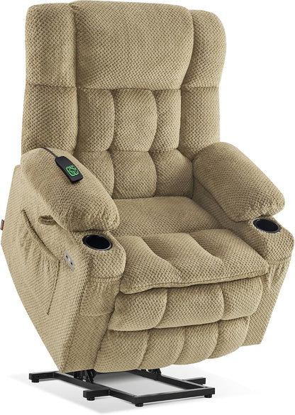 MCombo Dual Motor Power Lift Recliner Chair with Massage and Heat for Elderly People, Infinite Position, USB Ports, Cup Holders, Fabric 7890 (Medium, Dark Gray) — Beige / Large
