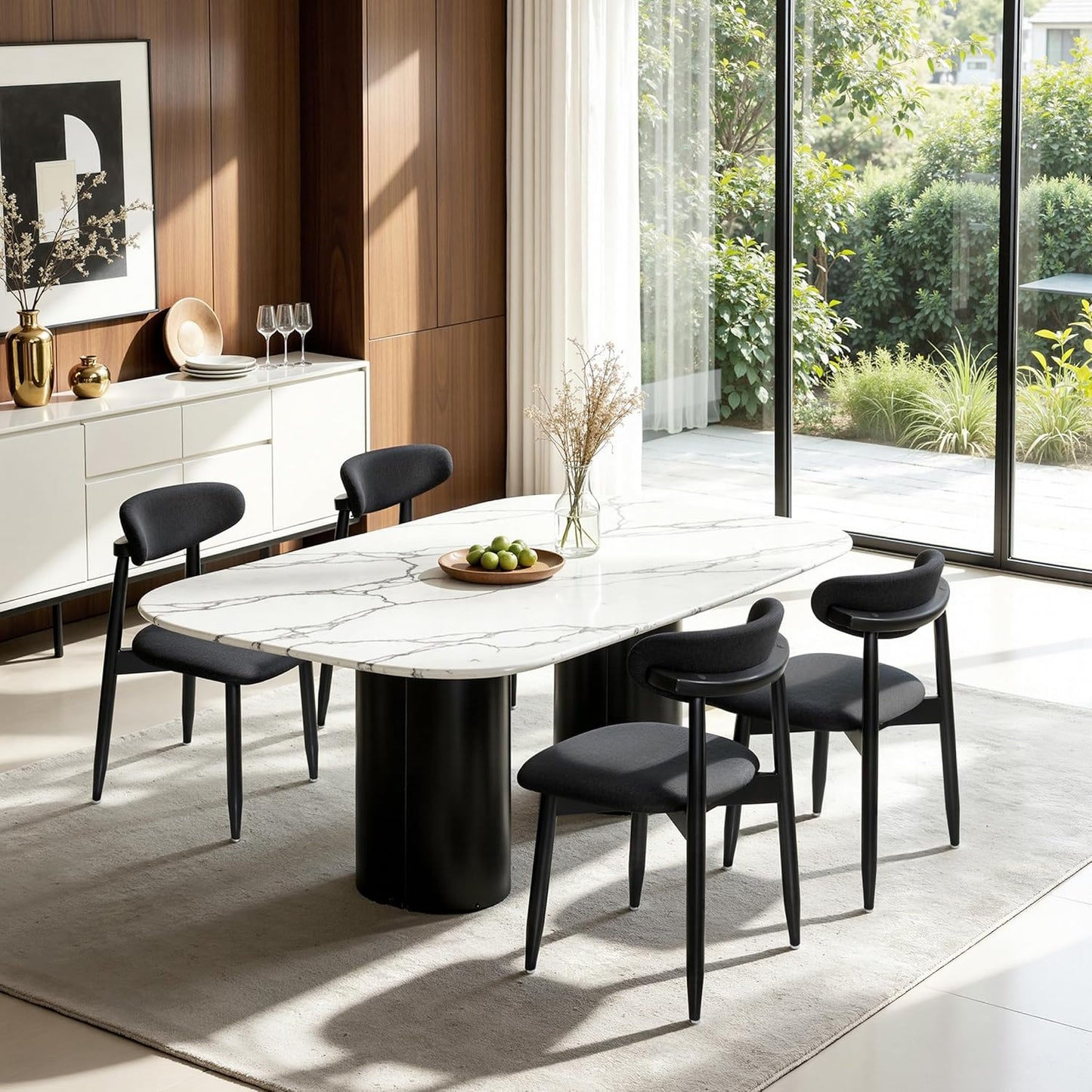 CHUN YI Dining Chairs Set of 4, Upholstered Wooden Dining Room Chairs, Mid Century Modern Fabric Kitchen Chair with Ergonomic Curved Backrest, Beige (Only Chairs) — Black / Set of 4
