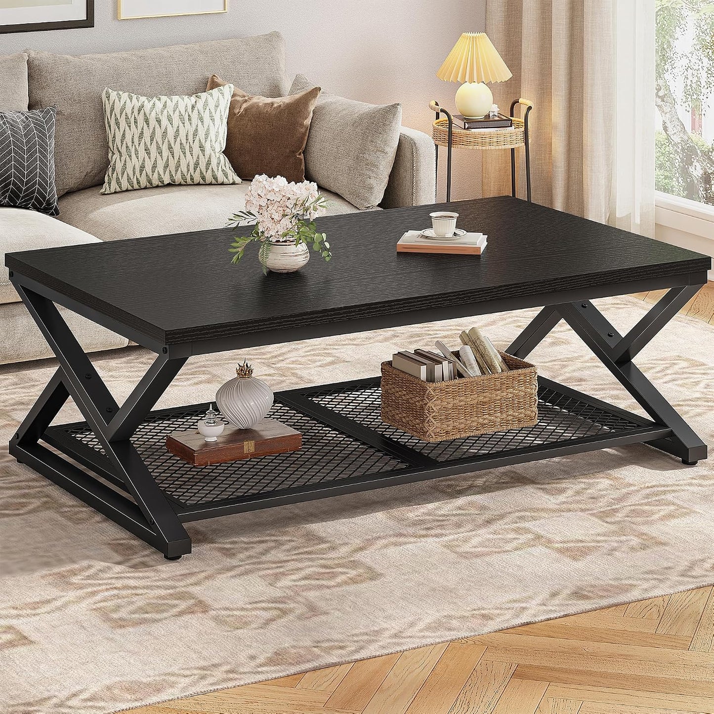 EnHomee Coffee Table with Storage & Shelf for Living Room, Rustic Brown | Families, Wood & Metal, Holds Magazines & Drinks, Industrial Design — Black Oak / 47.2 Inch