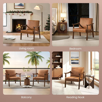 Yaheetech Faux Leather Accent Chair, Mid-Century Modern Armchair with Solid Wood Legs, Reading Leisure Chair with High Back for Living Room Bedroom Waiting Room, Set of 2, Brown — Brown / Faux Leather (8)