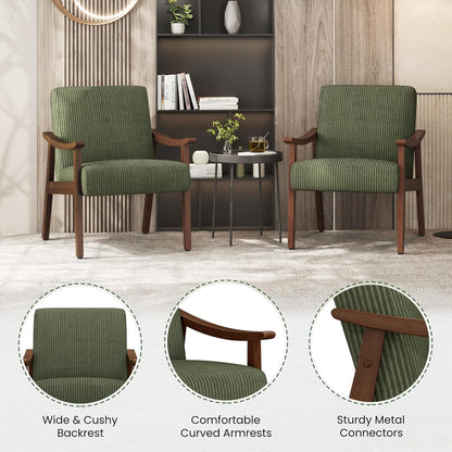 Yaheetech Corduroy Accent Chair, Mid-Century Modern Armchair with Solid Wood Legs, Reading Leisure Chair with High Back for Living Room Bedroom Waiting Room Dark Green — Dark Green / Corduroy Fabric (6)