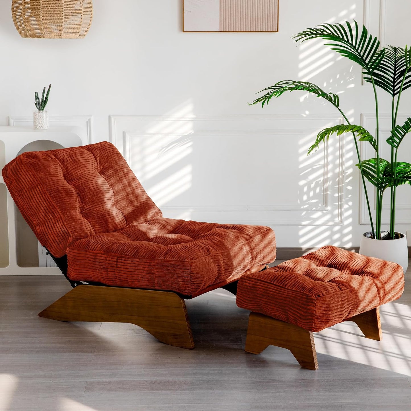 MAXYOYO Accent Chair with Ottoman Adjustable Backrest, Tufted Living Room Chair Upholstered Lounge Chair with Footrest Set, Modern Chair Cozy Reclining Chair for Reading Room, Green — New Orange / Large