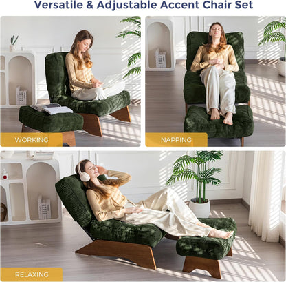 MAXYOYO Accent Chair with Ottoman Adjustable Backrest, Tufted Living Room Chair Upholstered Lounge Chair with Footrest Set, Modern Chair Cozy Reclining Chair for Reading Room, Green — Corded-green / Large (3)