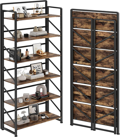 JSB No Assembly Folding Bookshelf, 4 Tier Industrial Metal Book Shelf for Storage, Vintage Wood Foldable Bookcase for Living Room, Bedroom, Office Organization Shelves — Fire Brown / 6-Tier