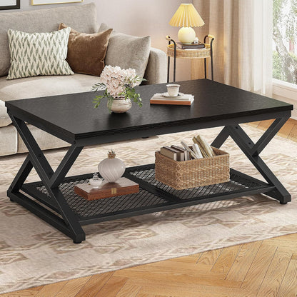 EnHomee Coffee Table with Storage & Shelf for Living Room, Rustic Brown | Families, Wood & Metal, Holds Magazines & Drinks, Industrial Design — Black Oak / 39.4 Inch