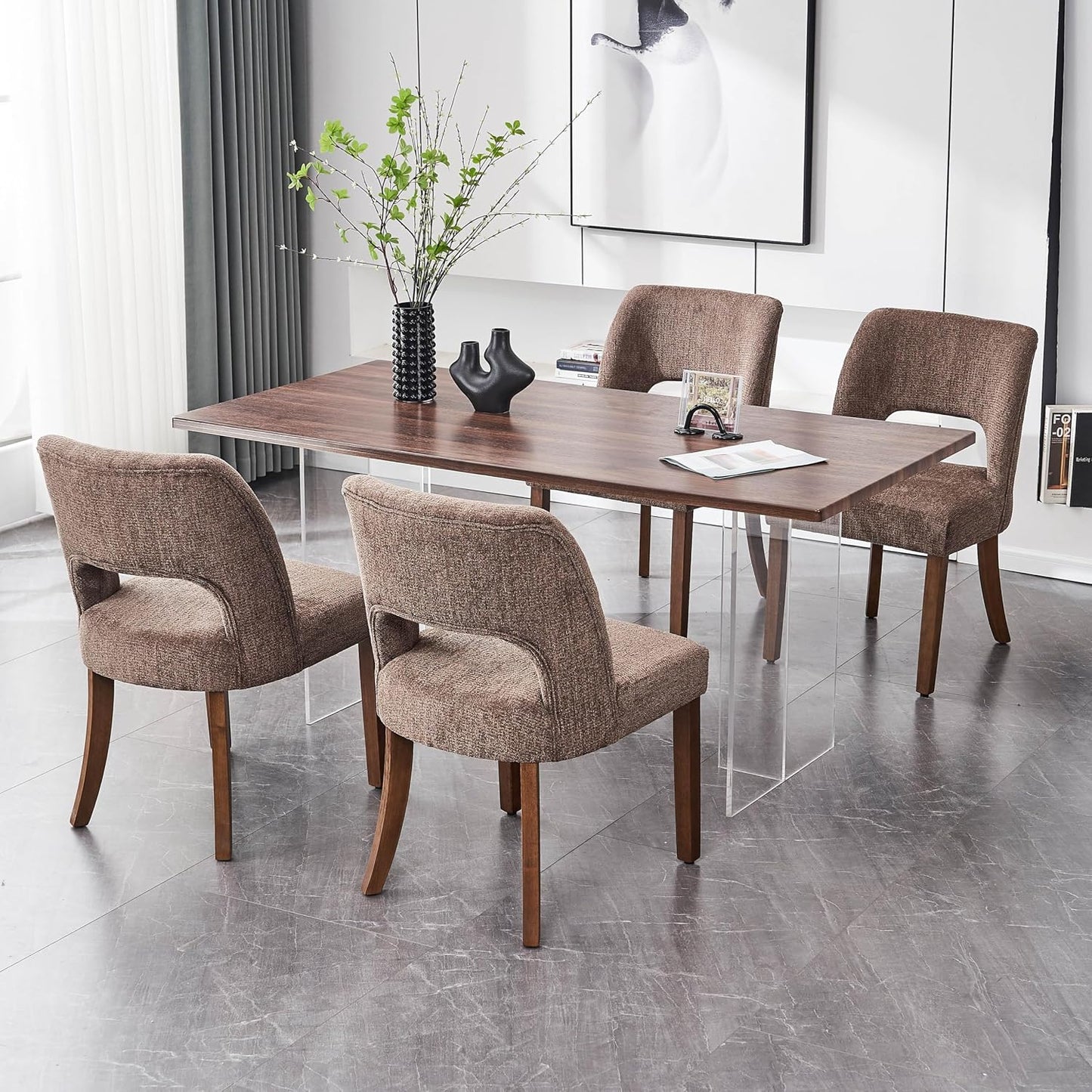 VKNOW Dining Chairs Set of 4, Fabric Dining Chairs, Green | Modern Mid-Century Upholstered Farmhouse Dinner Chair for Kitchen Dining Room Restaurant, Easy Assembly — Dark Brown / Set of 4