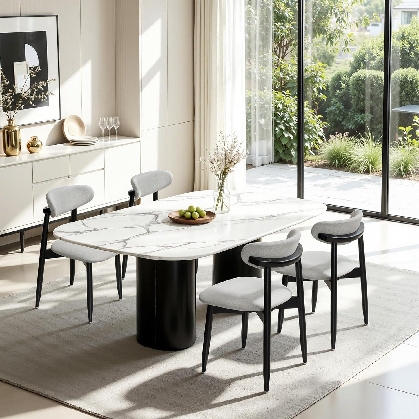 CHUN YI Dining Chairs Set of 4, Upholstered Wooden Dining Room Chairs, Mid Century Modern Fabric Kitchen Chair with Ergonomic Curved Backrest, Beige (Only Chairs) — Grey / Set of 4