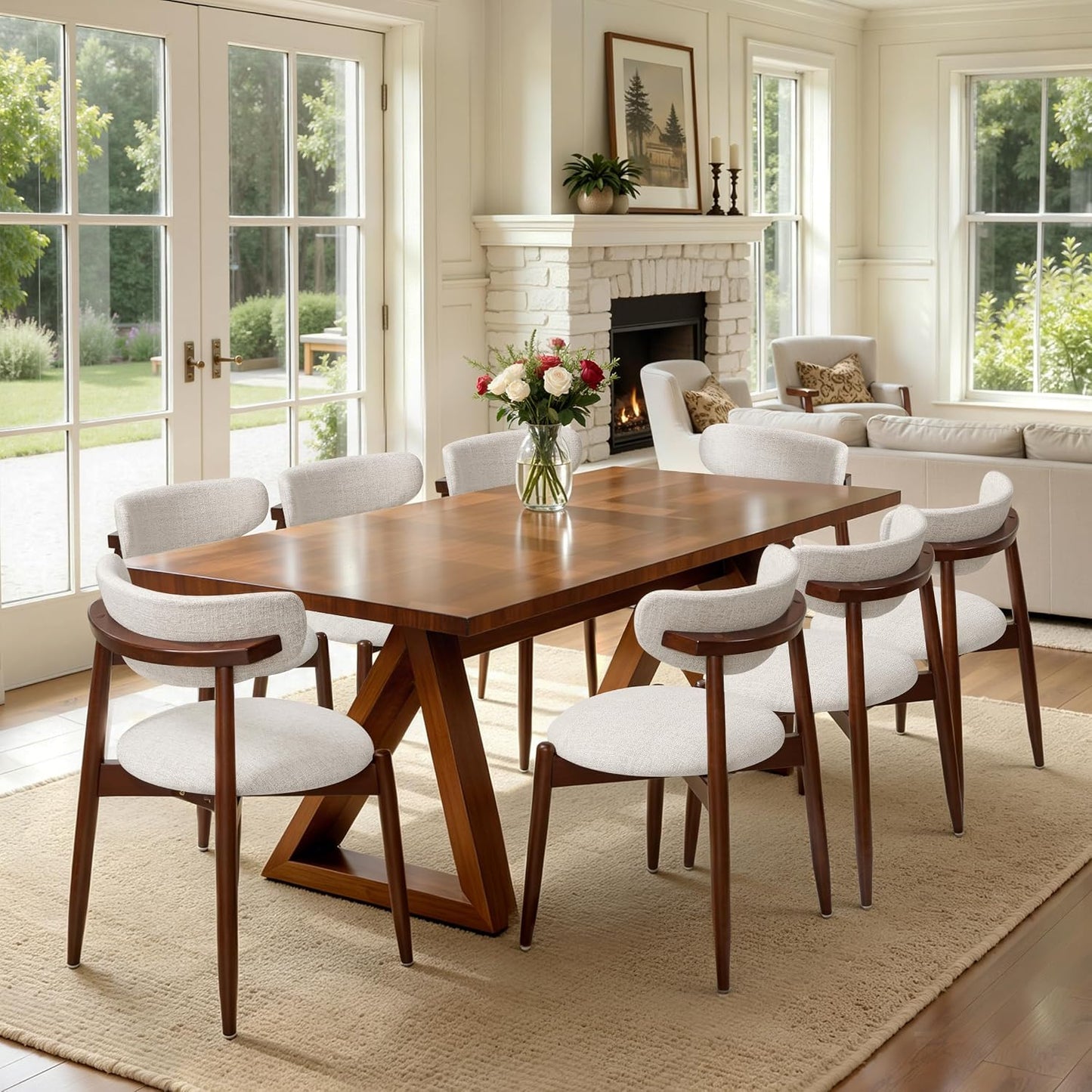 CHUN YI Dining Chairs Set of 4, Upholstered Wooden Dining Room Chairs, Mid Century Modern Fabric Kitchen Chair with Ergonomic Curved Backrest, Beige (Only Chairs) — Round-oatmeal / Set of 8