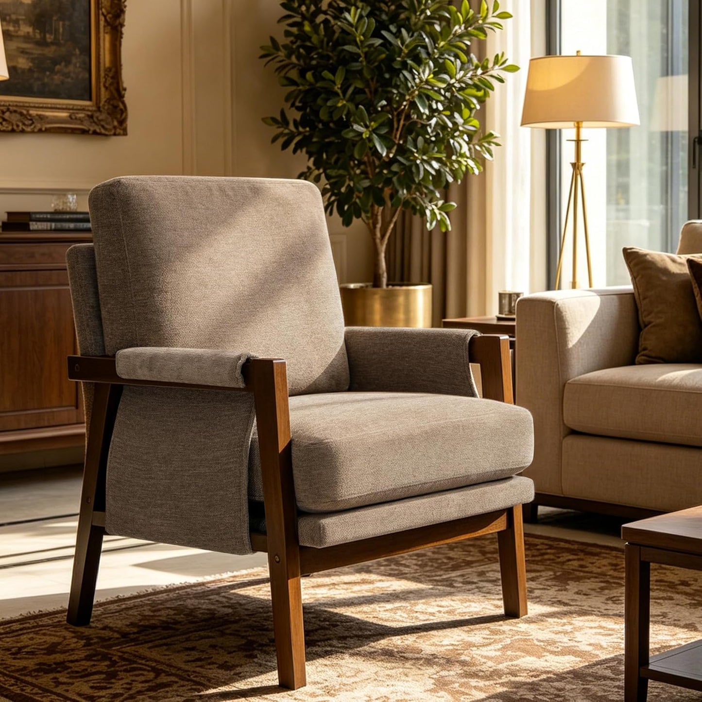 RNKSFX Cream Accent Chair for Bedroom & Living Room, Mid Century Modern Accent Arm Chair, Upholstered Anthropologie Accent Chair with Solid Wood Frame, Fabric — 1 / Dark Brown