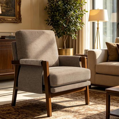 RNKSFX Cream Accent Chair for Bedroom & Living Room, Mid Century Modern Accent Arm Chair, Upholstered Anthropologie Accent Chair with Solid Wood Frame, Fabric — 1 / Dark Brown