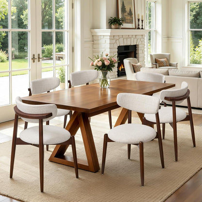 CHUN YI Dining Chairs Set of 4, Upholstered Wooden Dining Room Chairs, Mid Century Modern Fabric Kitchen Chair with Ergonomic Curved Backrest, Beige (Only Chairs) — Round-oatmeal / Set of 6