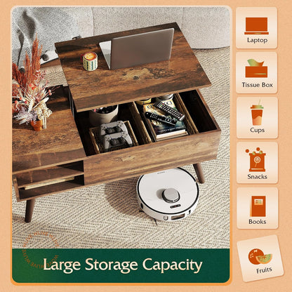 WLIVE Coffee Table with Lifting Top, Hidden Storage & Adjustable Shelf for Living Room Small Space, Multifunctional Rising Wooden Center Table, Mid Century Modern Tables for Home Dining Office, Brown — Rustic Brown / 39.4"W x 19.7"D x 16.9"H (5)