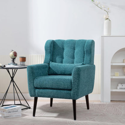 Accent Chair, Comfy Upholstered Living Room Chairs with High Tufted Backrest and Pillow, Wingback Reading Chair with Solid Wood Legs for Bedroom/Office,Teddy Fabric, Light Green — Set of 1 / Teal