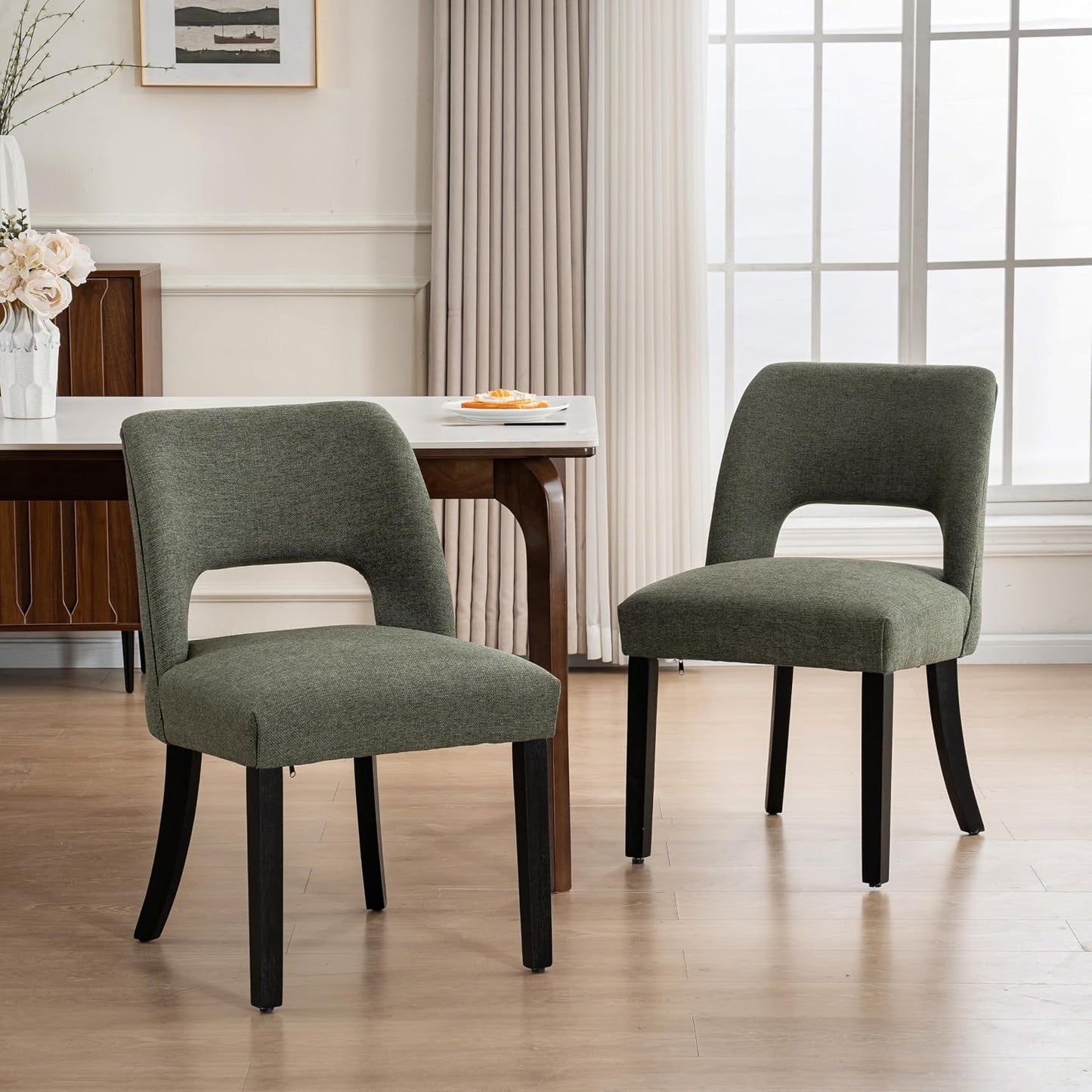 VKNOW Dining Chairs Set of 4, Fabric Dining Chairs, Green | Modern Mid-Century Upholstered Farmhouse Dinner Chair for Kitchen Dining Room Restaurant, Easy Assembly — Green-black Legs / Set of 2