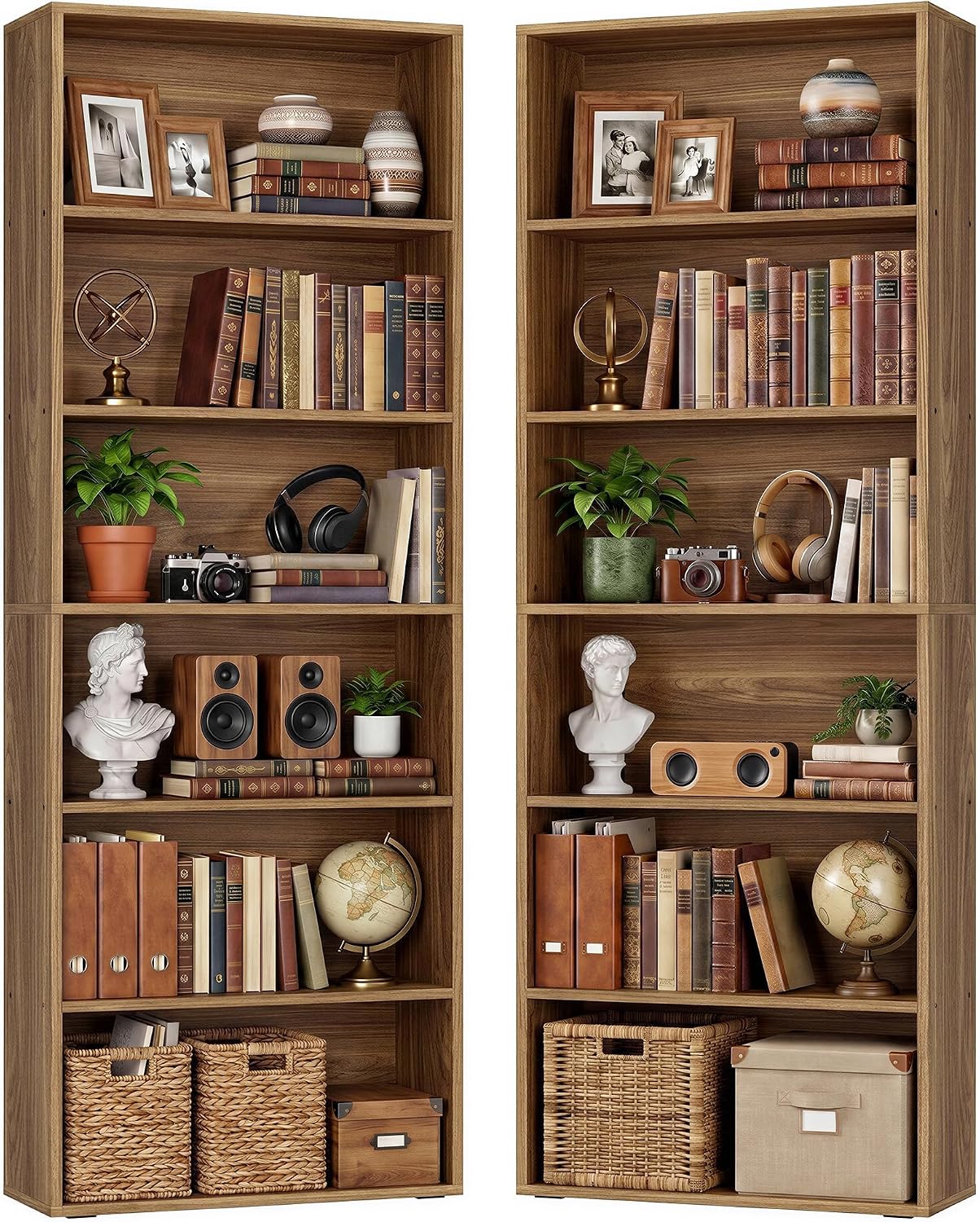 IRONCK Bookshelf and Bookcases 70" Tall, 6 Tiers Display Storage Shelves | Bookshelves Set of 2, Wood Bookcase with Open Display Shelves for Home Office, Living Room, Library, Industrial Brown — Oak Brown