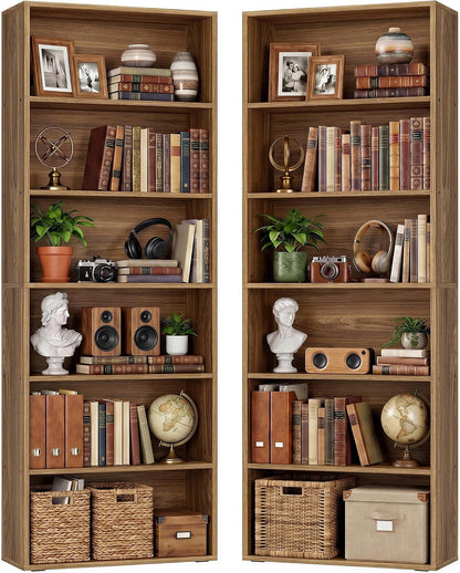 IRONCK Bookshelf and Bookcases 70" Tall, 6 Tiers Display Storage Shelves | Bookshelves Set of 2, Wood Bookcase with Open Display Shelves for Home Office, Living Room, Library, Industrial Brown — Oak Brown