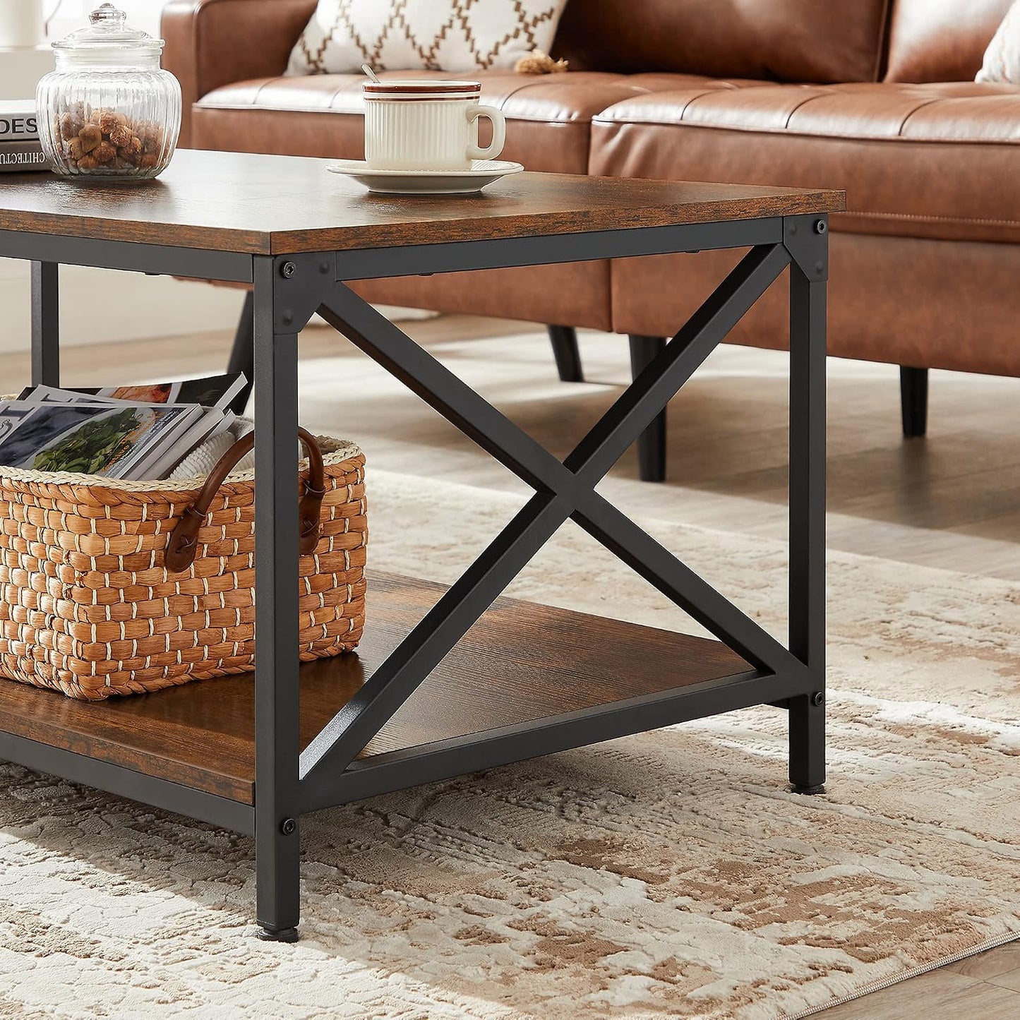 VASAGLE Coffee Table, Cocktail Table with Storage Shelf and X-Shape Steel Frame, Industrial Farmhouse Style, 39.4 x 21.7 x 17.7 Inches, Rustic Brown and Black ULCT200B01V1 — Rustic Brown + Black (6)