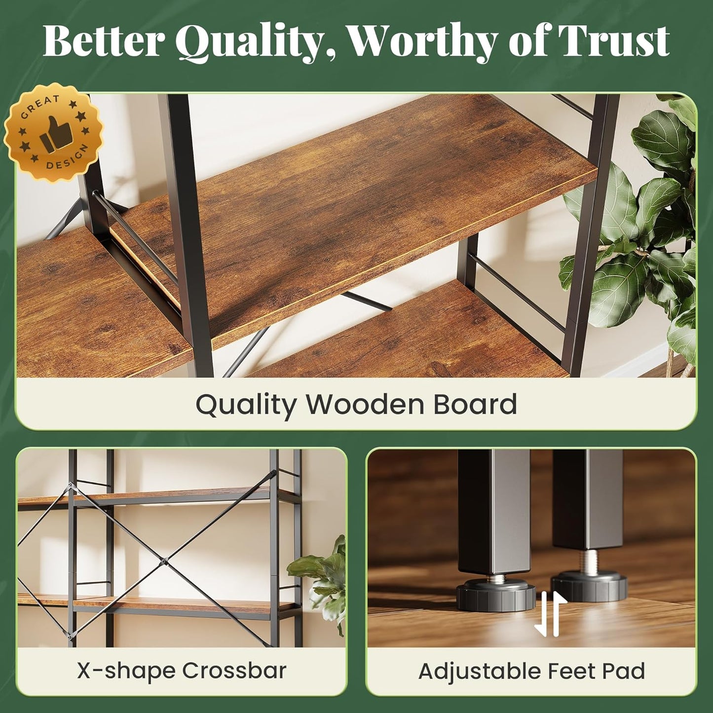 Huuger 5 Tier Bookshelf, L Shaped Corner Bookshelf with 10 Open Shelves, 49.4 Inch Straight Wide Bookcase with Metal Frame and Wooden Board, Adjustable Feet, Rustic Brown — 5 Tier / Rustic Brown (6)