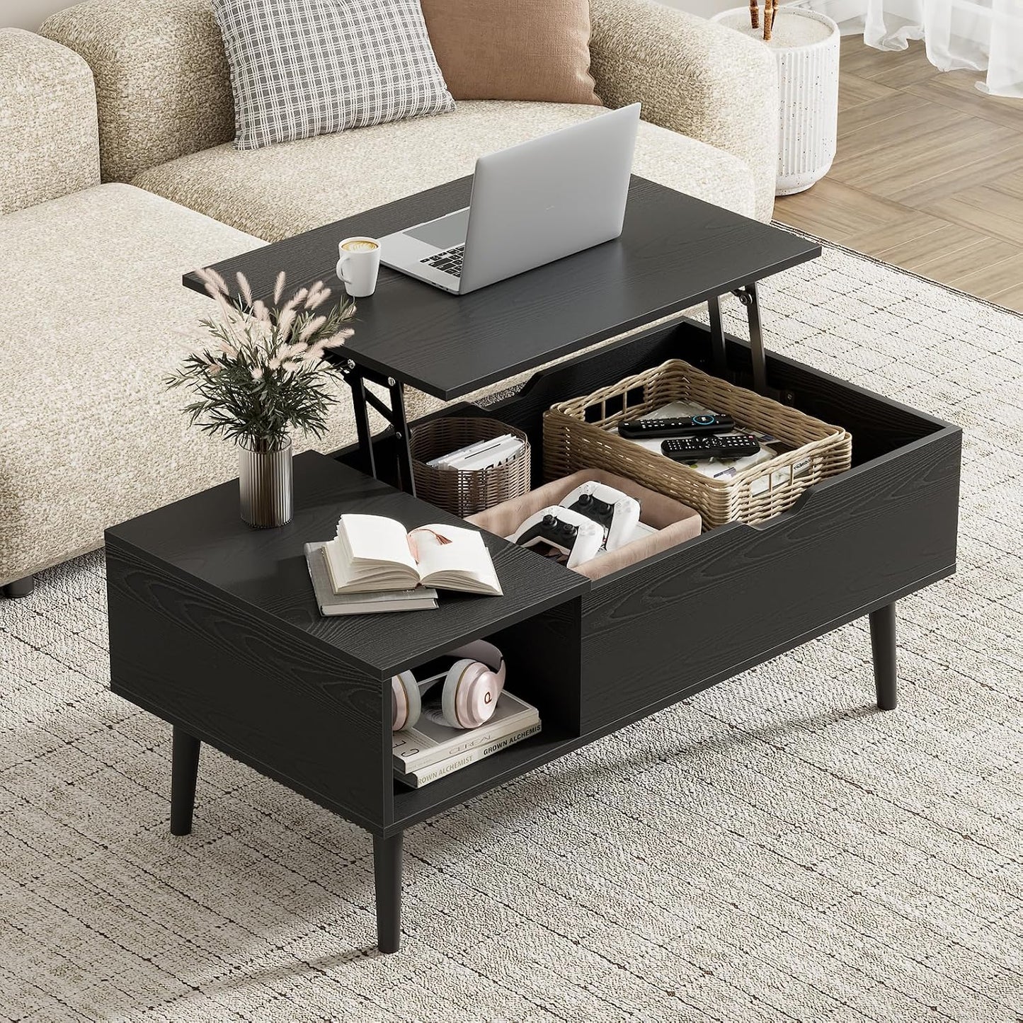 Wood Lift Top Coffee Table with Hidden Storage Compartment & Open Shelf, Multi-Functional Wooden Tabletop Dining Table for Living Room, Home Small Space — Black Wood / 39 Inches