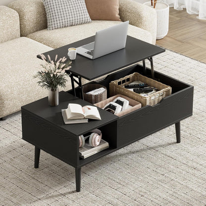 Wood Lift Top Coffee Table with Hidden Storage Compartment & Open Shelf, Multi-Functional Wooden Tabletop Dining Table for Living Room, Home Small Space — Black Wood / 39 Inches