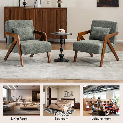 Mid-Century Modern Accent Chair with Solid Wood Frame，Upholstered Chenille Living Room Arm Chairs with Pillow for Bedroom, Living Room, Balcony, Reading Room, Green — 1 / Green (7)