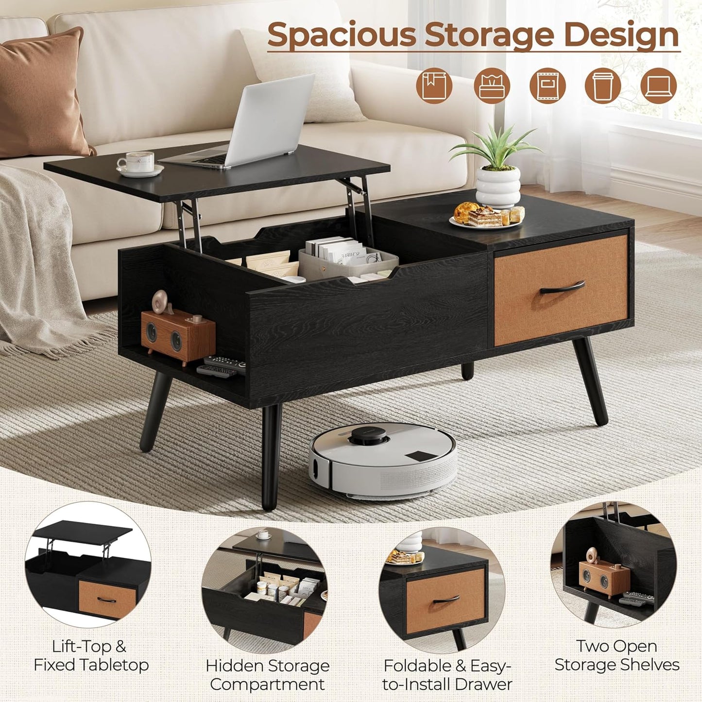 Yaheetech Lift Top Coffee Table for Living Room, Wooden Small Center Tables with Large Storage Shelf Drawer and Hidden Compartment Modern, Black — Black (4)