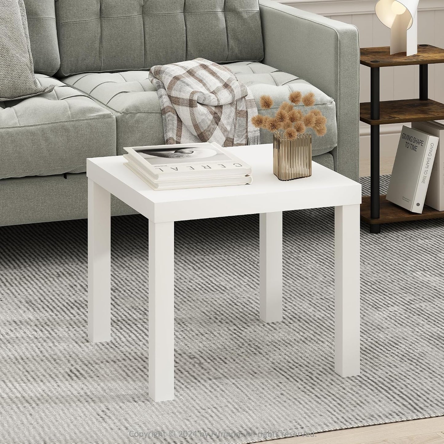 Furinno CLASSIC Coffee Table, Modern Rectangle Printer Stand, Black | 1.8" Triple Thick Tabletop, Toolless Assembly, Side Table, for Living Room, Home Office — White / Square