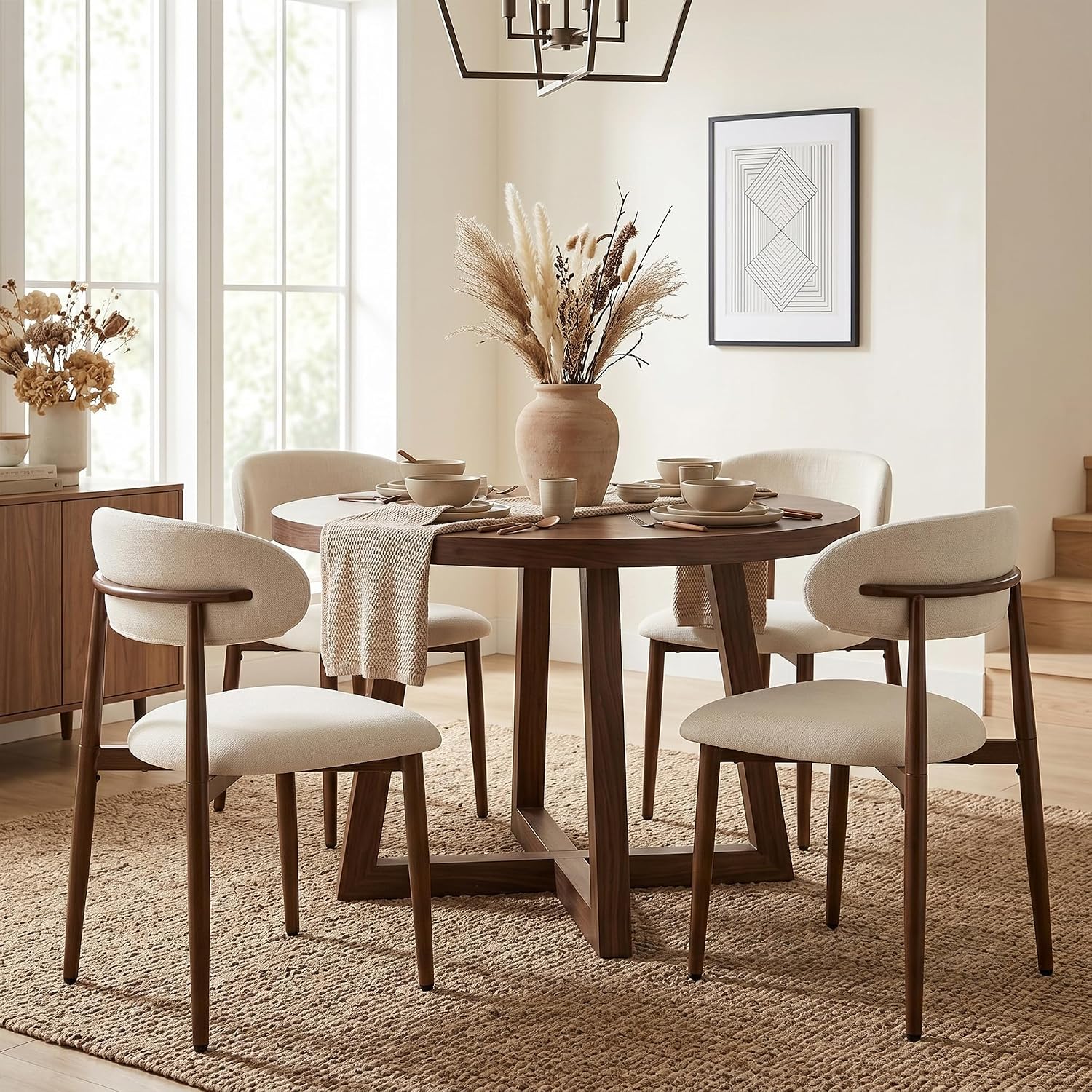 UVV Dining Chairs Set of 4, Metal Kitchen Chairs with Modern Fabric Upholstered for Dining Room, Beige