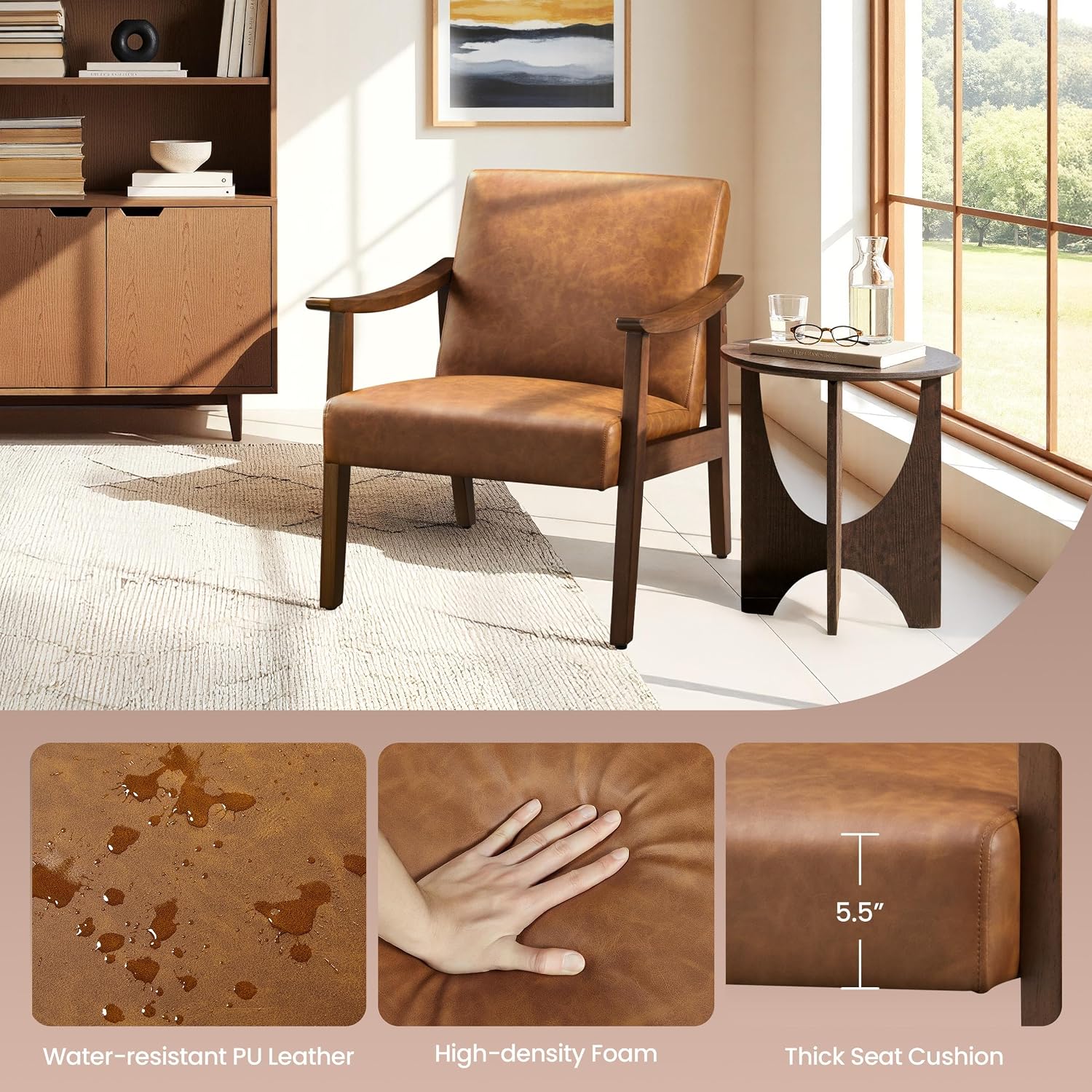 Yaheetech Faux Leather Accent Chair, Mid-Century Modern Armchair with Solid Wood Legs, Reading Leisure Chair with High Back for Living Room Bedroom Waiting Room, Set of 2, Brown — Brown / Faux Leather (5)