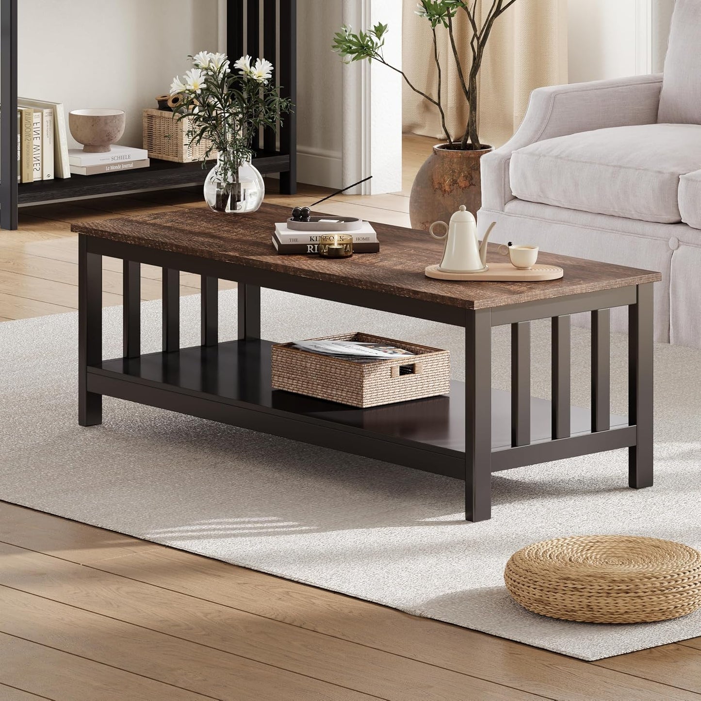 ChooChoo Mission Coffee Table, Black Wood Living Room Table with Shelf, 40 Black