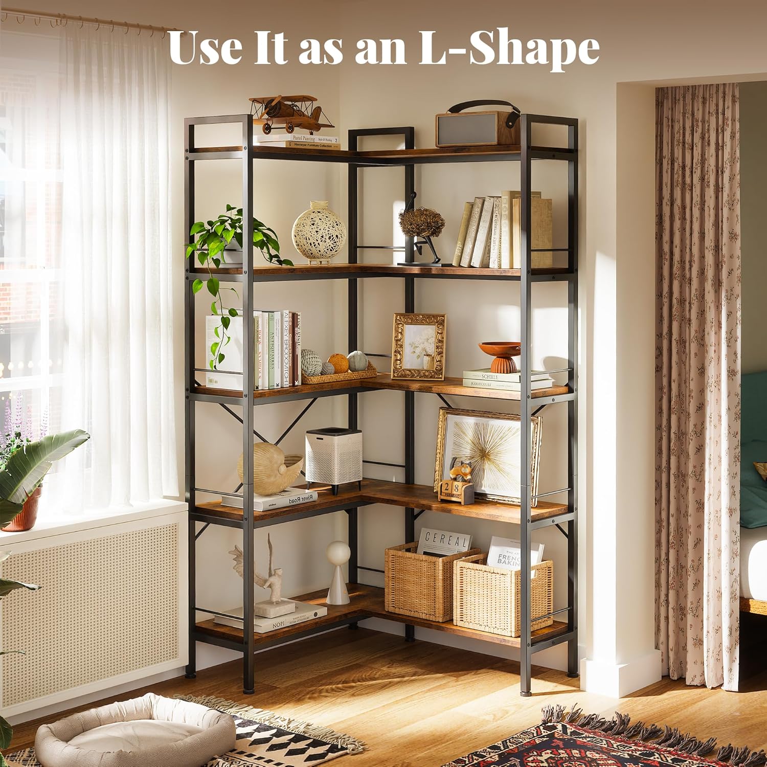 Huuger 5 Tier Bookshelf, L Shaped Corner Bookshelf with 10 Open Shelves, 49.4 Inch Straight Wide Bookcase with Metal Frame and Wooden Board, Adjustable Feet, Rustic Brown — 5 Tier / Rustic Brown (7)